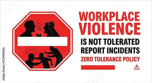Workplace Violence Sign: Rectangular Poster with Text, Warning, Safety, Security, Employee Protection, Threat, Red, Black, White.