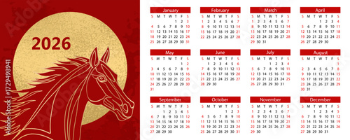 Calendar 2026. 12 months, starting from Sunday. Horizontal Red Calendar 2026 Chinese New Year of the Red Fire Horse Banner Template with Modern Line Art Golden Horse on Red Background