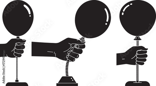 Three black balloon silhouettes held by hands isolated on white background