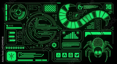 Futuristic Digital Interface Displaying Technological Advancements and Cybernetic Organisms with a Vibrant Green Glow on a Dark Background