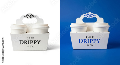 A Pair of Cardboard Coffee Cup Holders Each Carrying Two White Paper Cups with Lids Sitting on a White Surface and a Bright Blue Background