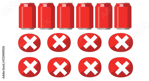 A Row of Red Cans Followed by Eight Red Circles with White Crosses Inside Illustrating a Concept