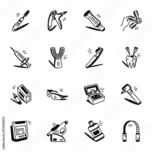Dental Tools and Equipment Doodle Style Icons Pack