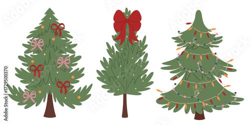 Set of Christmas trees with different decorations. Holiday and traditions cozy design. Traditional symbol of Christmas and New Year. Vector illustration isolated on white background.