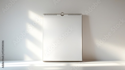 Fototapeta Naklejka Na Ścianę i Meble -  A Professional photo of a front-facing product shot of a blank white calendar hanging flat against a smooth white wall with a subtle shadow at the base, perfect even studio lighting.