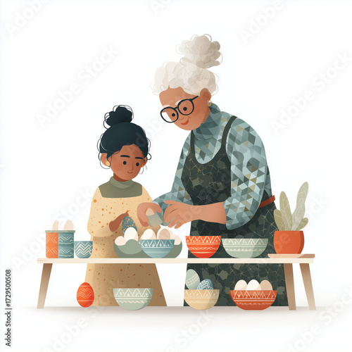 Grandmother teaching child to dye eggs for Easter celebration  