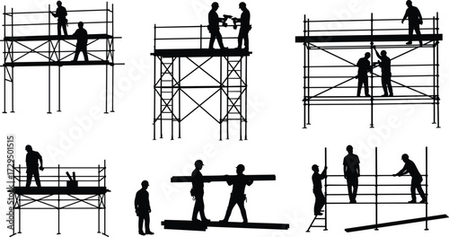 Construction workers on scaffolding, teamwork, safety gear, industrial site, labor, silhouette, building, structure, engineering, support, metal, height, crew, jobsite, framework