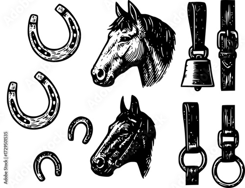 Horse heads, horseshoes, and harnesses in vintage style