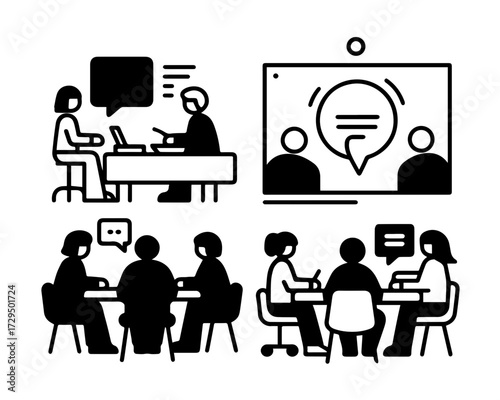 Business meeting icon set, teamwork discussion, office collaboration, group communication, corporate strategy, brainstorming, consultation symbols