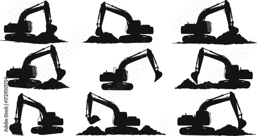 Excavator silhouette set, digging motion, soil interaction, construction machinery, heavy