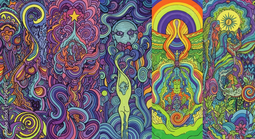 Vibrant Psychedelic Art Featuring Cosmic Scenes and Mystical Figures in a Kaleidoscope of Colors
