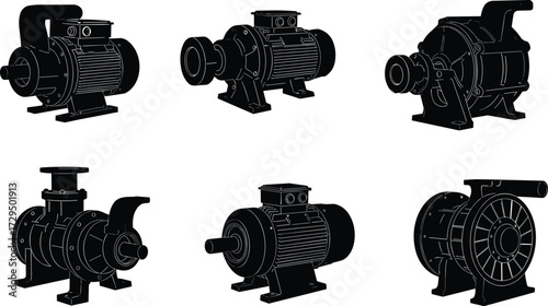Industrial pump silhouettes, motor icons, mechanical equipment, fluid power, engineering tools, black graphic, impeller design, motor housing, mounting base, machinery set,