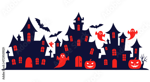 Spooky Haunted House Silhouette with Flying Bats Eerie Ghosts and Jack O Lanterns for Halloween Celebration