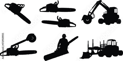 Logging equipment silhouettes, chainsaw icon, forestry machinery, timber tools, black graphic, mechanical arm, log loader, tracked vehicle, circular saw, forest work, heavy