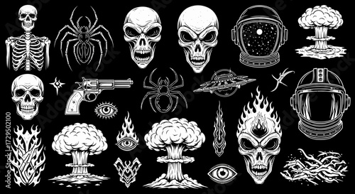 Apocalyptic Sci Fi Imagery Featuring Skeletons Skulls Aliens Explosions and Futuristic Helmets in a Dark Aesthetic