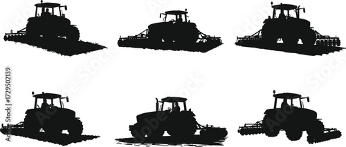 Tractor silhouette set, agricultural machinery, plowing tools, farm vehicle, black illustration, equipment, soil, field, rural, mechanical, tilling, farming, isolated,