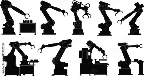 Robotic arm silhouettes, industrial automation, factory equipment, mechanical arms, assembly line, black icons, automation tools, robotic machinery, manufacturing process,