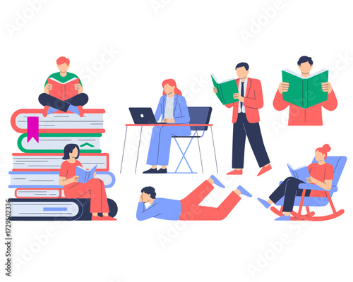 Diverse group of people engaged in reading and studying in various relaxed and focused poses, surrounded by books and technology.