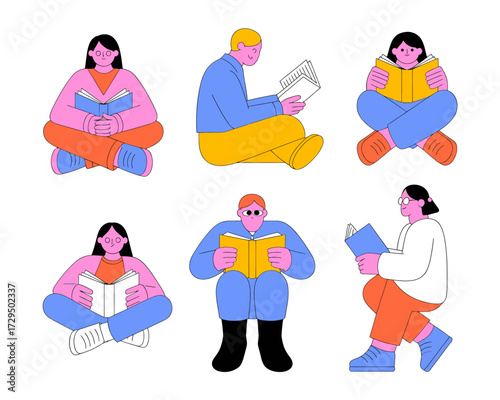 A collection of six diverse cartoon people sitting and reading books in various relaxed poses, illustrating literacy and leisure.