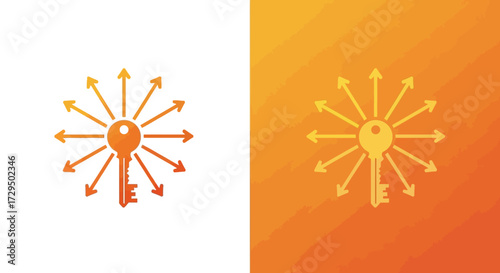 Abstract Key Symbol with Radiating Arrows Illustrating Diversification and Strategic Opportunities in Business Growth and Development Concepts