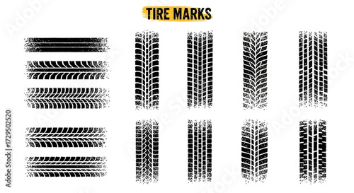 Collection of Different Tire Tracks and Tread Patterns for Automotive Design and Graphic Applications