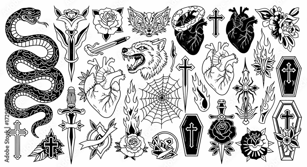 Naklejka premium A Collection of Dark Gothic Tattoo Designs Featuring Skulls Roses Skulls Hearts Crosses Coffins and Wild Animals with Intricate Detailing and Bold Lines Perfect for Body Art Enthusiasts