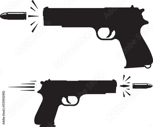 Two black pistol silhouettes firing bullets isolated on white background silhouette