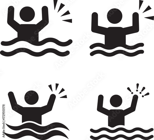 Four drowning person icons in silhouette style isolated on white background