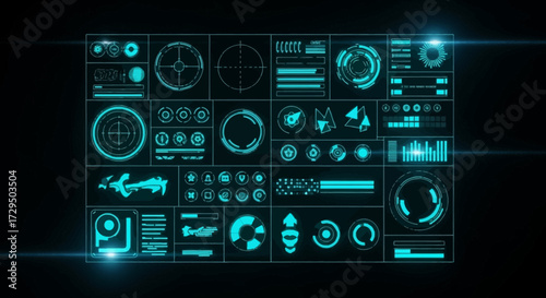 Futuristic Sci Fi Digital Futuristic Interface Display Screen Showing Holographic Data Graphs and Charts in a Clean Blue Neon Light Glow
