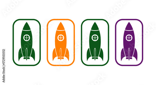 Four Distinctly Colored Rocket Ship Icons Symbolizing Space Exploration Innovation and Future Technology Development