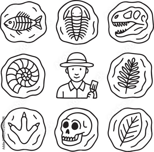 Art & IllustrationNational Fossil Day Line Icons Set – Dinosaur, Fossil, Paleontology, USA Celebration Vector Pack.