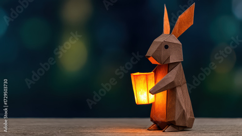 A charming origami rabbit holds a glowing lantern, showcasing intricate folds and warm lighting, creating a whimsical and cozy atmosphere.