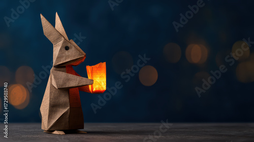 A charming origami rabbit holds a glowing lantern, set against a blurred blue background, creating a whimsical and cozy atmosphere.