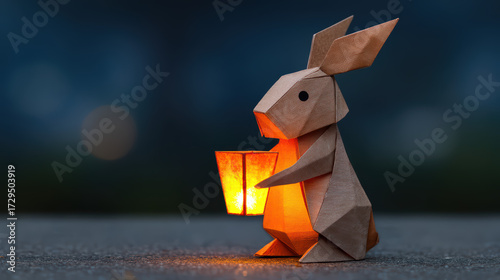 A charming origami rabbit holds a glowing lantern, creating a whimsical and cozy atmosphere against a softly blurred background.