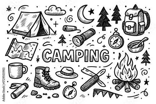 Camping essentials: tent, campfire, map, backpack, and more in black and white doodle art