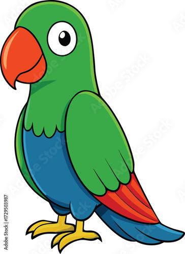 Cute cartoon green parrot with orange beak and blue body