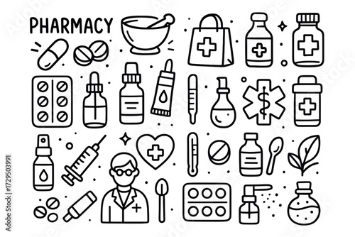 Pharmacy icons: medical supplies, medicine bottles, doctor, pills, syringe, herb