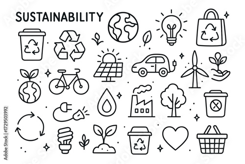 Sustainability icons: recycling, renewable energy, and eco-friendly practices