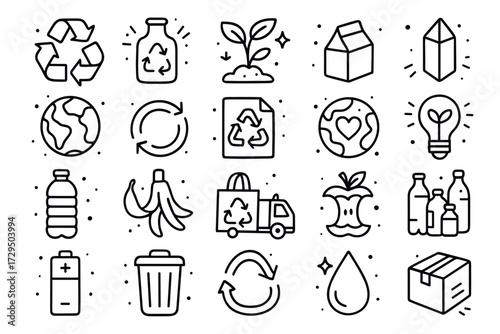 Sustainability icons: recycling, conservation, renewable energy, eco-friendly practices, waste reduction