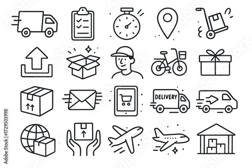 Icon set of delivery and shipping symbols with vehicles and packages