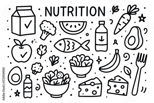 Assorted healthy foods illustration featuring fruits, vegetables, and beverages