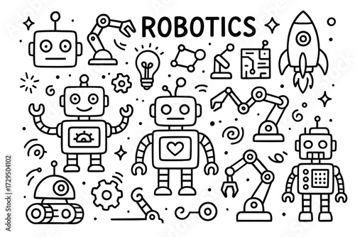 Robotics line art illustration featuring robots and machinery elements