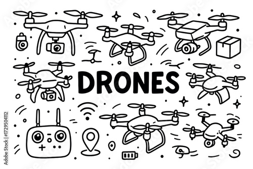 Various drone designs and accessories doodle art collection