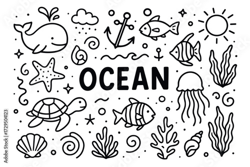 Ocean doodle art with marine life: whale, fish, turtle, and seaweed