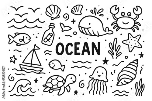 Playful ocean doodles: whales, turtles, crabs, and shells in black and white design