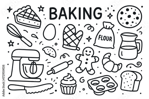 Doodle of baking elements: mixer, flour, oven mitts, cookies, and pie