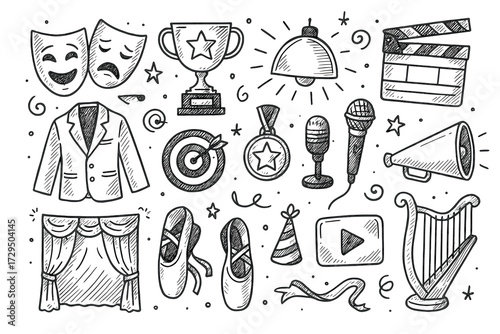 Hand-drawn theater and performance elements: masks, microphone, award, musical notes