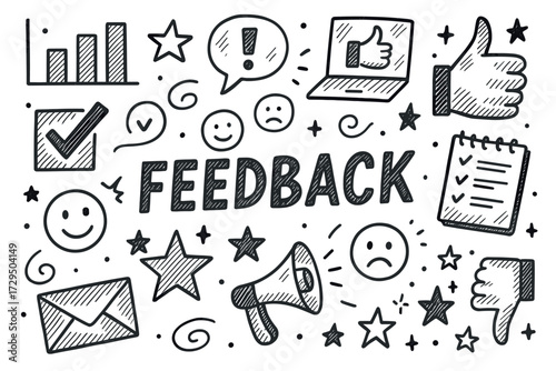 Feedback doodles: icons and symbols highlighting reactions and communication
