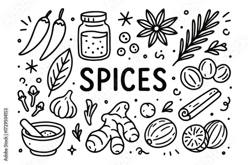 Doodle art of diverse spices and herbs with ginger, rosemary, and nutmeg