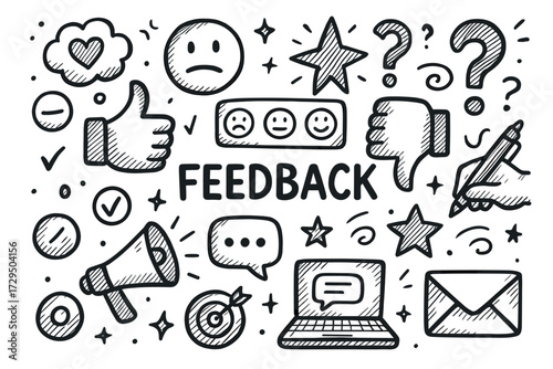 Hand-drawn feedback elements: thumbs up, speech bubbles, stars, and question marks